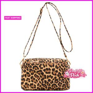 Triple Zip Small Crossbody Bag Faux Leather Adjustable Strap